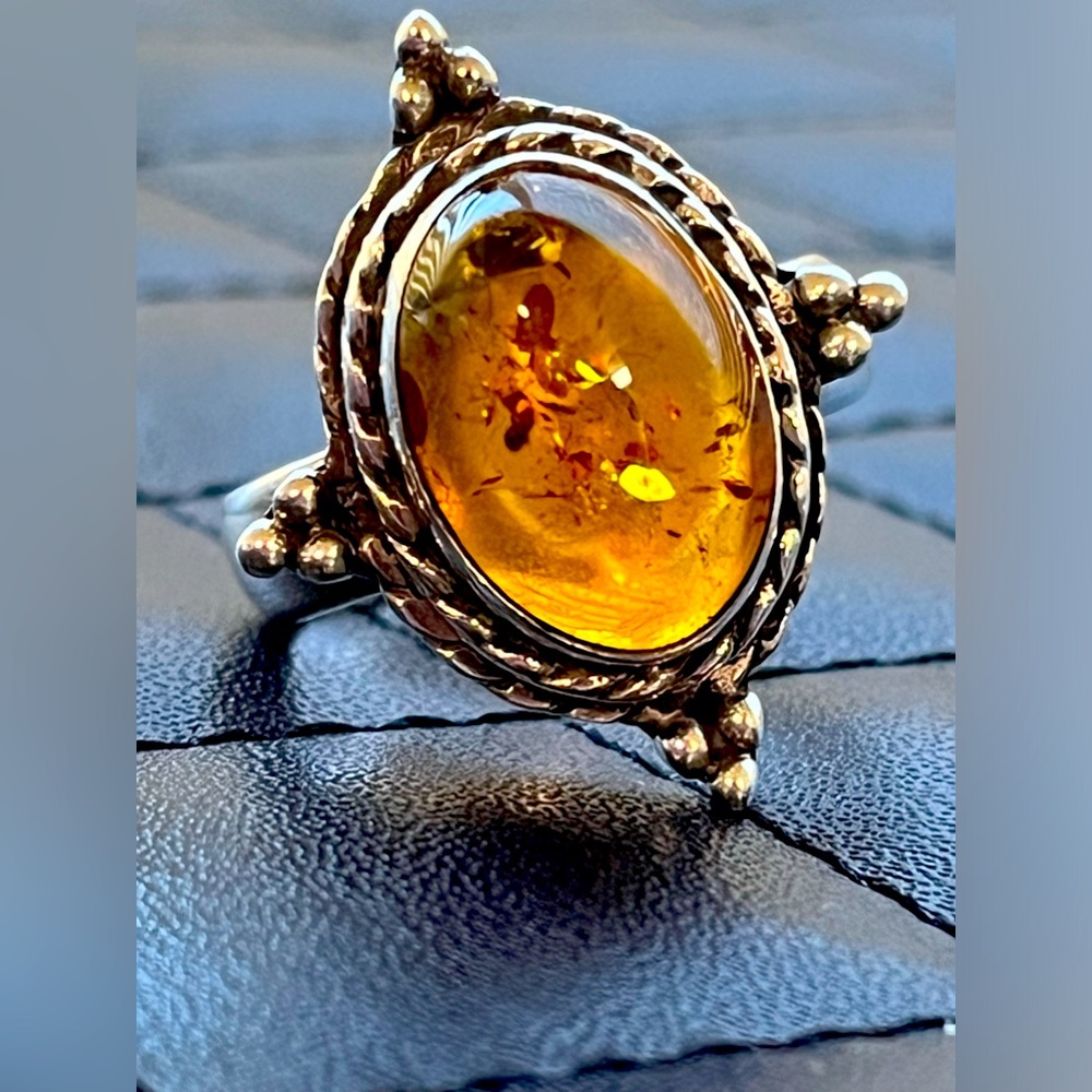 Sterling Amber Ring Size 7 1/2 925 Silver Ring~ Vintage